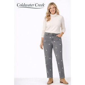 Coldwater Creek Gray Jeans Snowflake Holiday Embroidered Straight Leg 14